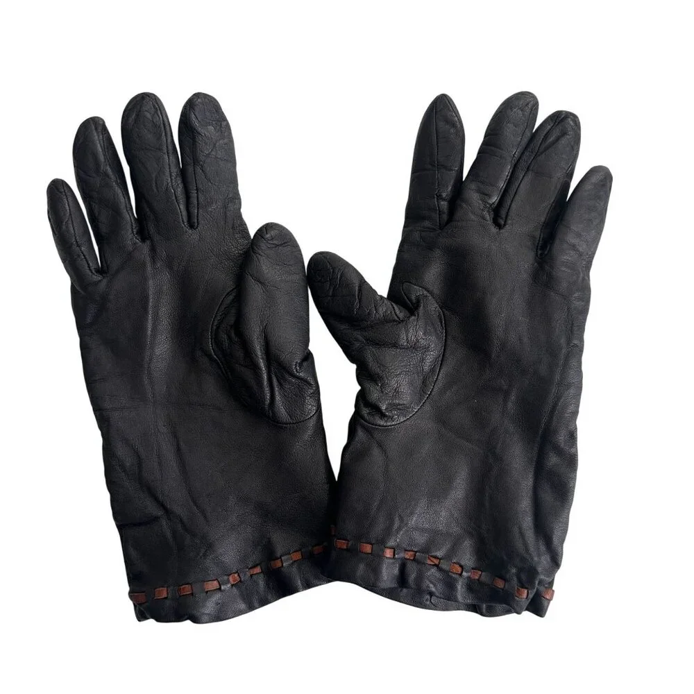 Genuine Italian Leather Women's Gloves W/ Woven Brown Accent & Cashmere Lining